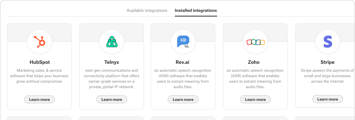 integrations list screenshot